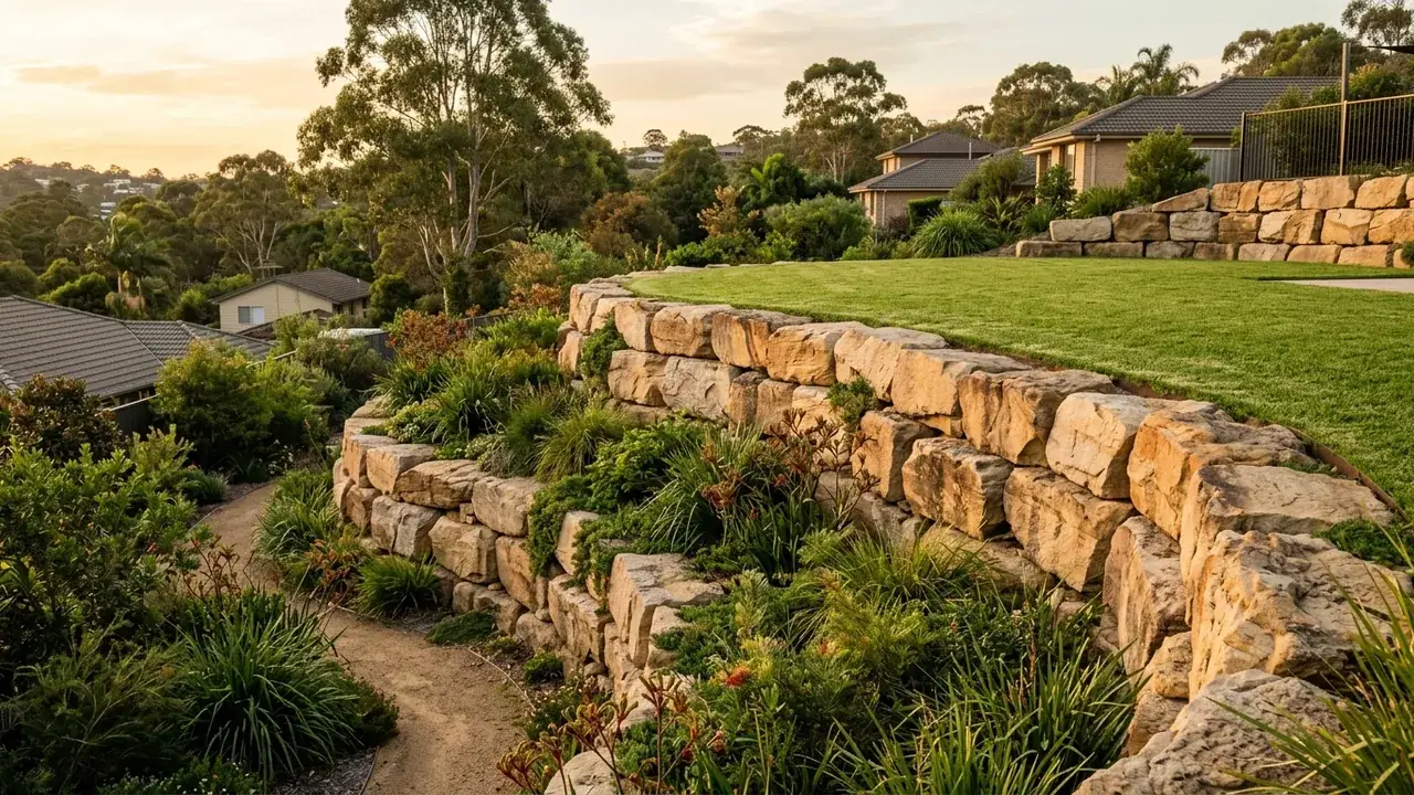 Rock & Boulder Retaining Walls on a Brisbane residential block