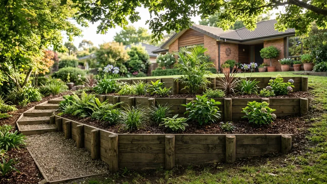 Timber Sleeper Retaining Walls on a Brisbane residential block